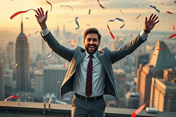 energetic businesssuccess, triumphant, celebrating a milestone, photorealistic, rooftop with a city skyline view, highly detailed, confetti falling around, shot with a Sony A7R IV, vibrant colors, golden hour lighting, with a 50mm lens.