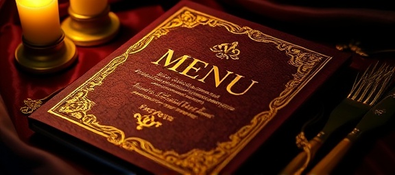 luxury menu cover, opulent, embossed with gold foil and textured background, photorealistic, resting on a velvet cloth with golden tassels, highly detailed, gentle flicker of candlelight nearby, 12K resolution, rich jewel tones, dim and romantic lighting, shot with a macro lens.