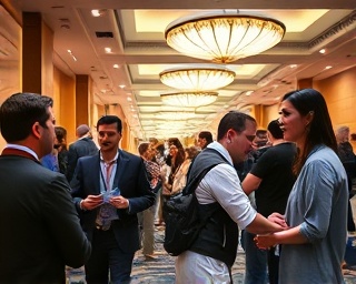 engaged businessnetworking, curious, sharing business cards and contact details, photorealistic, an upscale hotel lobby during a conference, highly detailed, bustling attendees, documented with a Fujifilm GFX 100S, cool hues, artificial ceiling lighting, shot with an 85mm lens.