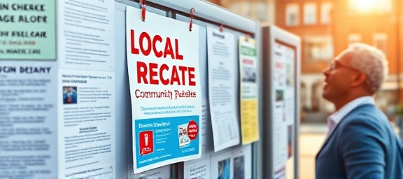 eye-catching localadvertising flyer, vibrant, stuck on a community bulletin board, photorealistic, pinned among various community notices, highly detailed, passerby glancing at it, bright red and blue inks, sunny morning gleam, shot with a macro lens.