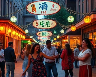 localshopculture festival, animated expressions, showcasing traditions, photorealistic, lively main street with string lights, highly detailed, dancers in motion, full HD, cheerful colors, twilight ambiance, shot with a wide-angle lens.