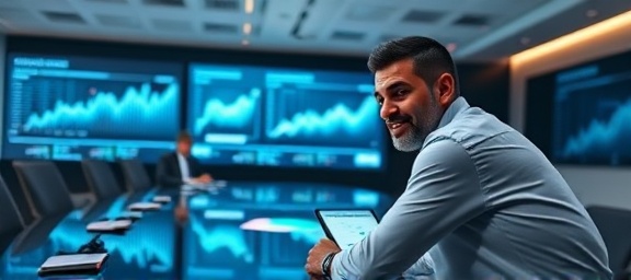 productive businesssuccess, satisfied, analyzing positive graphs and statistics, photorealistic, a high-tech boardroom with digital interfaces, highly detailed highlights on data points, shot with a Nikon D850, bright contrasting colors, LED screen illumination, utilizing a 50mm lens.