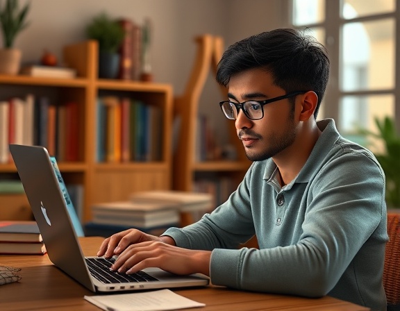 online enrollment process, thoughtful expression, typing on laptop, photorealistic, home study area with books, highly detailed, animated screensaver, 35mm lens, warm colors, ambient lighting, shot with a Nikon D850