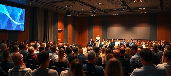 innovative businesscommunity, inspiring, hosting a panel discussion, photorealistic, auditorium with a digital backdrop, highly detailed, audience interaction, filmed with a Panasonic Lumix S1R, mixed color scheme, spotlight on speakers, using a 35-70mm lens.