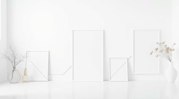 minimalist graphic templates, serene simplicity, arranged symmetrically, photorealistic, in a minimalist white space with geometric decor, highly detailed, sharp edge lines, in monochrome, soft diffused lighting, shot with a 35mm lens.