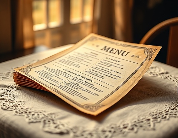 vintage menu template, nostalgic, showcasing old-world typography and illustration, photorealistic, placed on a faded tablecloth with a lace edge, highly detailed, a gentle breeze flipping a corner of the page, 4K resolution, sepia tones, warm afternoon sunlight filtering through a window, shot with an 85mm lens.