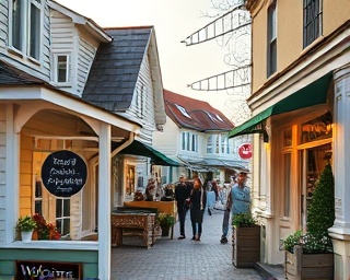 cozy shopsupportbusiness, welcoming smiles, sharing stories, photorealistic, quaint small-town square, highly detailed, pedestrians strolling by, ultra HD, pastel colors, golden hour glow, shot with an 85mm lens.
