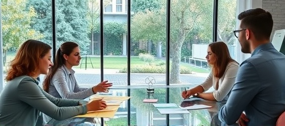 creative businessteamwork, motivated, conducting a design sprint, photorealistic, glass-walled office overlooking a garden, highly detailed, use of sticky notes and drawings, captured with a Canon EOS R6, pastel shades, diffused natural lighting, taken with a 24mm lens.