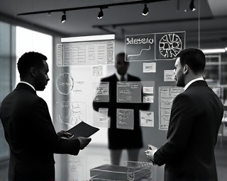 strategic businessstrategy, focused, mapping out goals with diagrams on a glass board, photorealistic, sleek modern office with tech gadgets, highly detailed, brainstorming session, photographed using a Leica SL2, monochrome style, backlit lighting, using a 28mm lens.