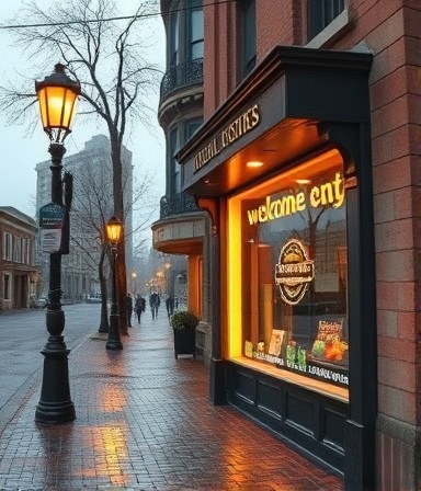 classic localadvertising signage, welcoming, illuminated on a vintage storefront, photorealistic, cobblestone street with lampposts, highly detailed, light rain reflecting on the pavement, warm hues, golden hour lighting, shot with a telephoto lens.