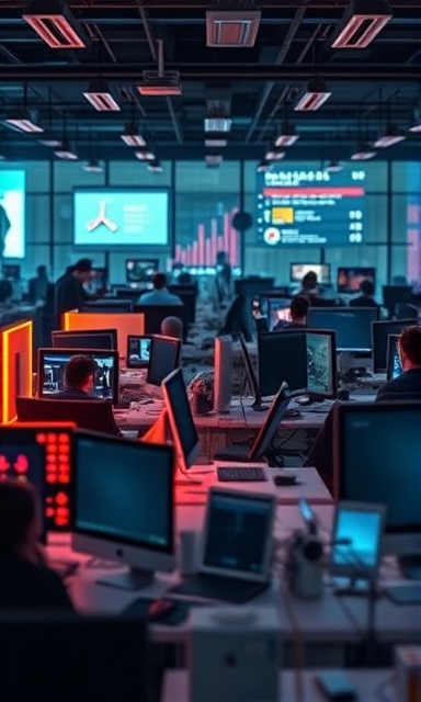 artistic design graphics, inspiring presence, dynamically unfolding, photorealistic, staged amidst bustling office desks with digital devices glowing, highly detailed, animated infographic elements, in vivid neon colors, reflected lighting, shot with a macro lens.