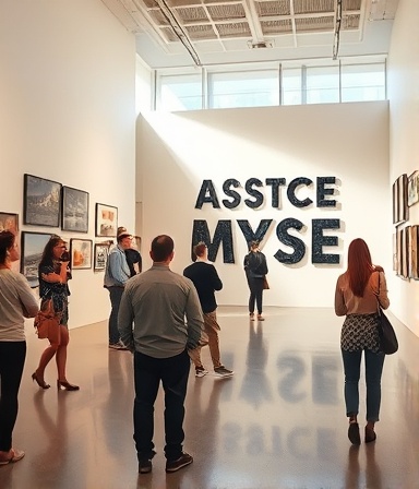 abstract messagestyle, expressive, presenting a concept visually, photorealistic, in an open gallery with neutral walls, highly detailed, visitors admiring artworks, high definition, vibrant colors, soft sunlight streaming through windows, shot with a 24mm lens.