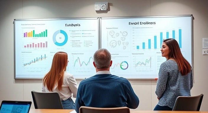comprehensive enrollment system, collaborative expression, team brainstorming, photorealistic, conference room with whiteboard, highly detailed, dynamic digital graphs, 50mm lens, vibrant colors, diffused lighting, shot with a Fujifilm X-T4