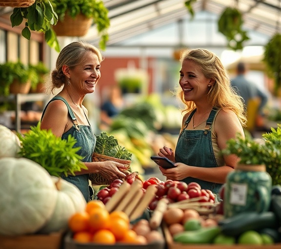 eco-friendly localshopculture market, conscious smiles, buying organic, photorealistic, green market with organic produce, highly detailed, earth tones and textures, 5k resolution, natural colors, morning light, shot with a 50mm macro lens.