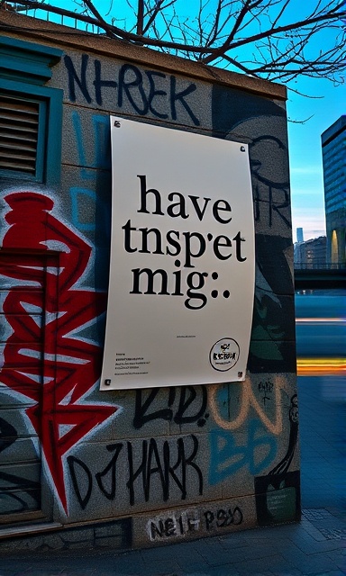 artistic localadvertising poster, inspiring, posted on a city wall, photorealistic, graffiti and street art surrounding, highly detailed, wind effect with posters fluttering, sharp contrast, twilight ambiance, shot with a prime lens.