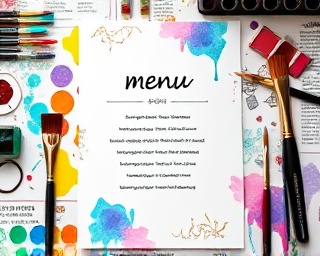 artistic menu layout, creative, displaying an asymmetrical balance with watercolor splashes, photorealistic, surrounded by an artist's studio with paint and brushes scattered, highly detailed, gentle drip of wet paint onto the page, 6K resolution, vibrant rainbow colors, natural soft morning light, shot with a tilt-shift lens.