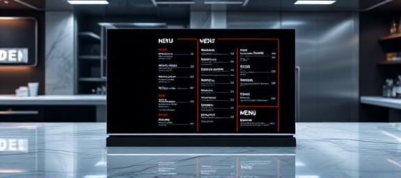 modern menu layout, sleek, integrating geometric lines and modular sections, photorealistic, arranged on a polished marble countertop reflecting subtle light patterns, highly detailed, animated movement of a hovering digital menu, UHD quality, bold and contrasting colors, under cool fluorescent lighting, shot with a 50mm lens.