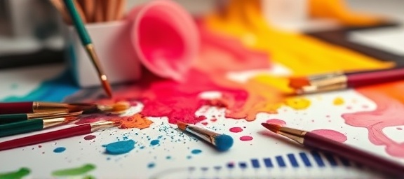 abstract design graphics, imaginative vibe, artistically composed, photorealistic, surrounded by spilled paints and brushes on an art studio table, highly detailed, swirling color gradients, shot in vibrant rainbow palette, studio lighting, shot with a tilt-shift lens.
