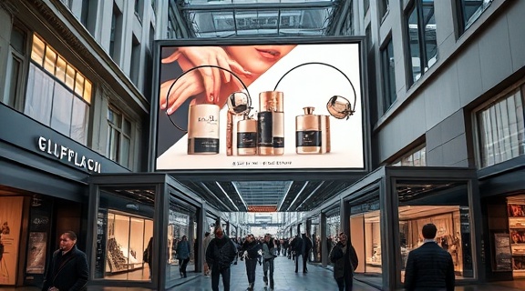 elegant localadvertising billboard, sophisticated, showcasing luxury products, photorealistic, in a high-end shopping district, highly detailed, shoppers strolling beneath, muted tones, soft studio lighting, shot with a zoom lens.