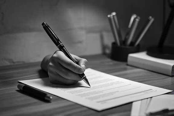 simple enrollment application, determined expression, filling out on paper, photorealistic, minimalistic desk with penholder, highly detailed, rustling papers, 85mm lens, monochrome, spotlight effect, shot with a Leica M10