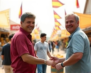 dynamic shopsupportbusiness market, enthusiastic gestures, cultivating friendships, photorealistic, open-air market with stalls, highly detailed, flags fluttering, 6k resolution, bright tones, diffuse daylight, shot with a 24-70mm lens.