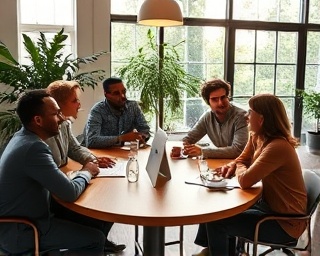 supportive businesscommunity, welcoming, exchanging ideas at a round table, photorealistic, co-working space filled with greenery and sunlight, highly detailed, animated discussions, taken with a Nikon Z7 II, earthy tones, ambient light, utilizing a wide-angle 24mm lens.