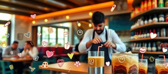 playful menu icons, whimsical, rendered with a hand-drawn effect scattering across a page, photorealistic, the background depicts a vibrant café scene with patrons visible at tables, highly detailed, motion blur of a barista crafting a drink, 5K resolution, colorful pastel shades, dynamic spotlighting, shot with a 24mm wide-angle lens.
