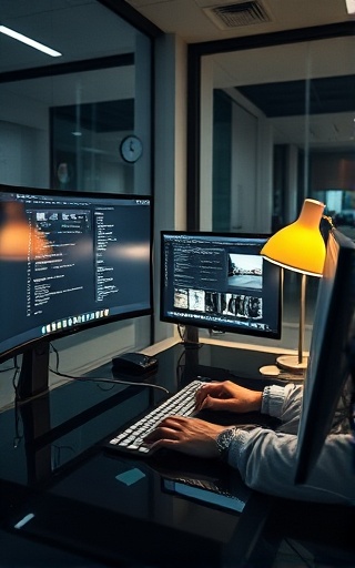 modern reputation online, inspired, typing fervently, photorealistic, in a minimalist workspace filled with screens and tech gadgets, highly detailed, reflections on glass surfaces, ultra crisp, monochrome, warm desk lamp lighting, shot with a 28mm lens.