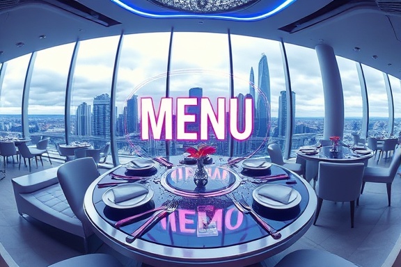 futuristic menu design, innovative, with holographic elements and interactive features, photorealistic, set in a sleek, ultra-modern dining room with panoramic city views, highly detailed, rotating 3D elements, 16K resolution, metallic silvers and blues, bright LED lighting, shot with a 16mm fisheye lens.