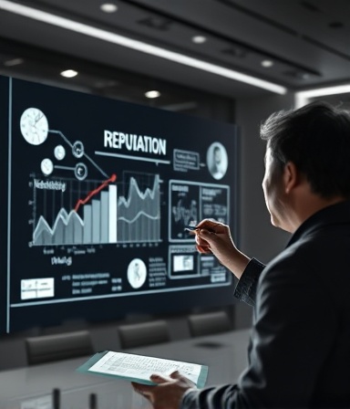 analytic reputation strategy, focused, drawing on a smartboard, photorealistic, in a futuristic conference room with holograms, highly detailed, virtual elements shimmering, hyper-realistic, subdued greyscale, ambient backlight, shot with a 24mm lens.