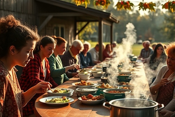 supportlocalinitiative neighborhood feast, lively expressions, sharing food, photorealistic, communal long table outdoors, highly detailed, dishes steaming, high resolution, autumnal tones, midday sun, shot with a 35mm f/2 lens.