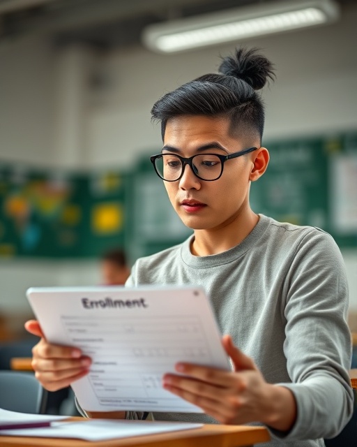interactive enrollment form, inquisitive expression, using tablet, photorealistic, modern classroom setting, highly detailed, floating lessons, 24mm lens, neutral palette, natural light, shot with a Sony A7R IV