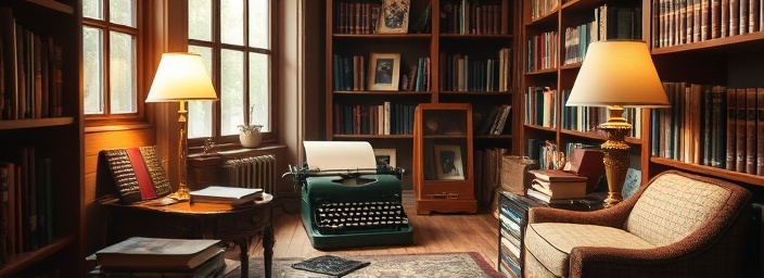 vintage template artwork, nostalgic charm, gracefully displayed, photorealistic, placed in a cozy library corner filled with old books and a typewriter, highly detailed, curling parchment edges, shot in warm sepia tones, ambient light from a nearby lamp, shot with an 85mm lens.