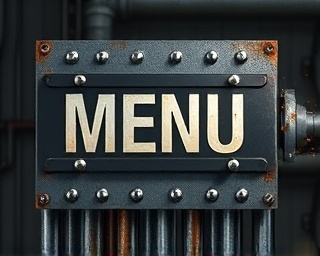 industrial menu cover, strong, crafted from corrugated metal and rivets, photorealistic, located within a workshop environment with exposed pipes, highly detailed, sparks flying from a working tool in the background, 9K resolution, grayscale with rust accents, harsh spotlighting, shot with a 100mm telephoto lens.