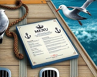 nautical menu template, marine, adorned with rope and anchor illustrations, photorealistic, lying on a weathered dock with ocean waves gently lapping the edges, highly detailed, seagull feathers drifting serenely through the air, 7K resolution, oceanic blues and whites, bright sunlight, shot with a 70-200mm zoom lens.
