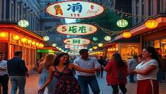 localshopculture festival, animated expressions, showcasing traditions, photorealistic, lively main street with string lights, highly detailed, dancers in motion, full HD, cheerful colors, twilight ambiance, shot with a wide-angle lens.